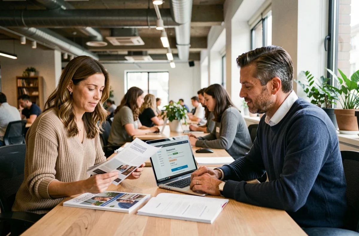 Deux professionnels indépendants en espace de coworking évaluant ensemble le prix d'un abonnement magazine spécialisé pour leur stratégie business