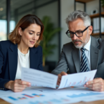 Deux professionnels en réunion d'affaires avec graphiques financiers