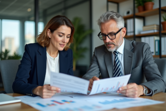 Deux professionnels en réunion d'affaires avec graphiques financiers