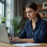 Femme utilisant un ordinateur portable pour accéder à son espace personnel sécurisé depuis son bureau à domicile