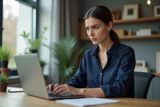 Femme utilisant un ordinateur portable pour accéder à son espace personnel sécurisé depuis son bureau à domicile