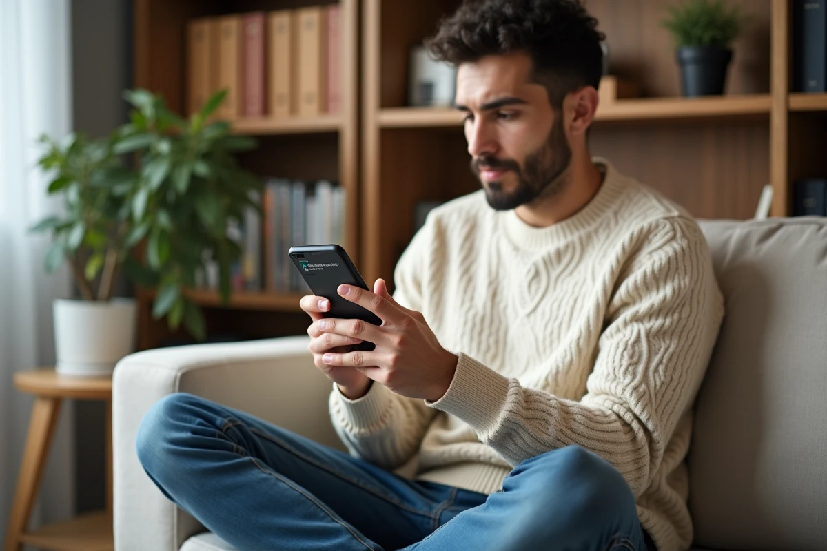 Jeune professionnel configurant les paramètres de connexion extranet ESG depuis son mobile à domicile