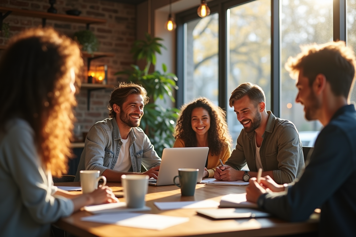Groupe d entrepreneurs lors d une réunion dans un café
