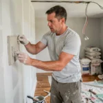 Homme en train de rénover un mur en placo dans un salon en cours de travaux, illustrant une rénovation complète maison