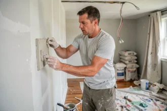 Homme en train de rénover un mur en placo dans un salon en cours de travaux, illustrant une rénovation complète maison