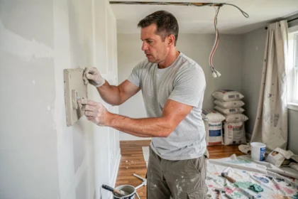 Homme en train de rénover un mur en placo dans un salon en cours de travaux, illustrant une rénovation complète maison