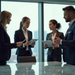 Trois dirigeants en réunion autour d'une table moderne en entreprise
