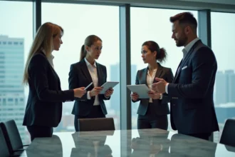 Trois dirigeants en réunion autour d'une table moderne en entreprise