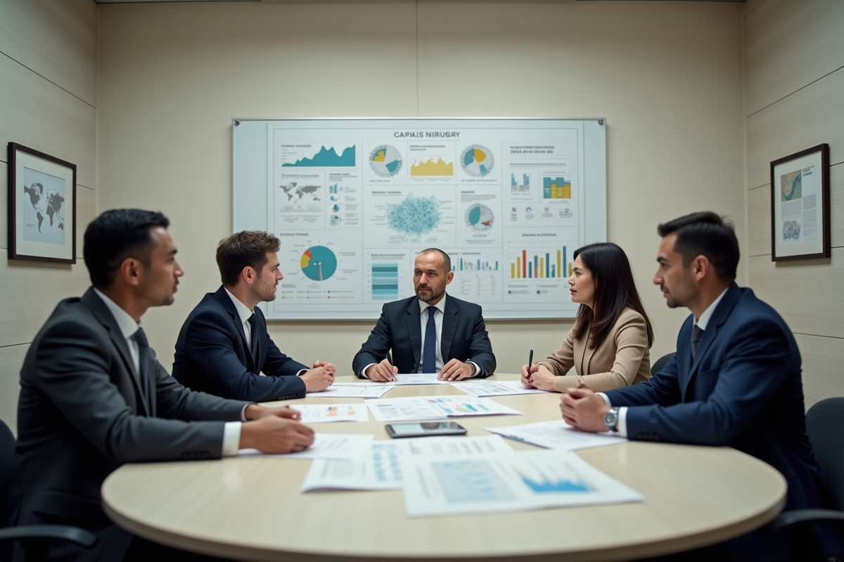 Groupe de cinq personnes discute autour d une table avec infographie