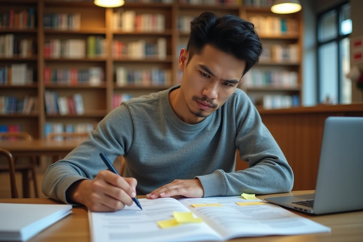 Jeune homme révisant les réponses courtes pour son entretien de naturalisation dans une bibliothèque