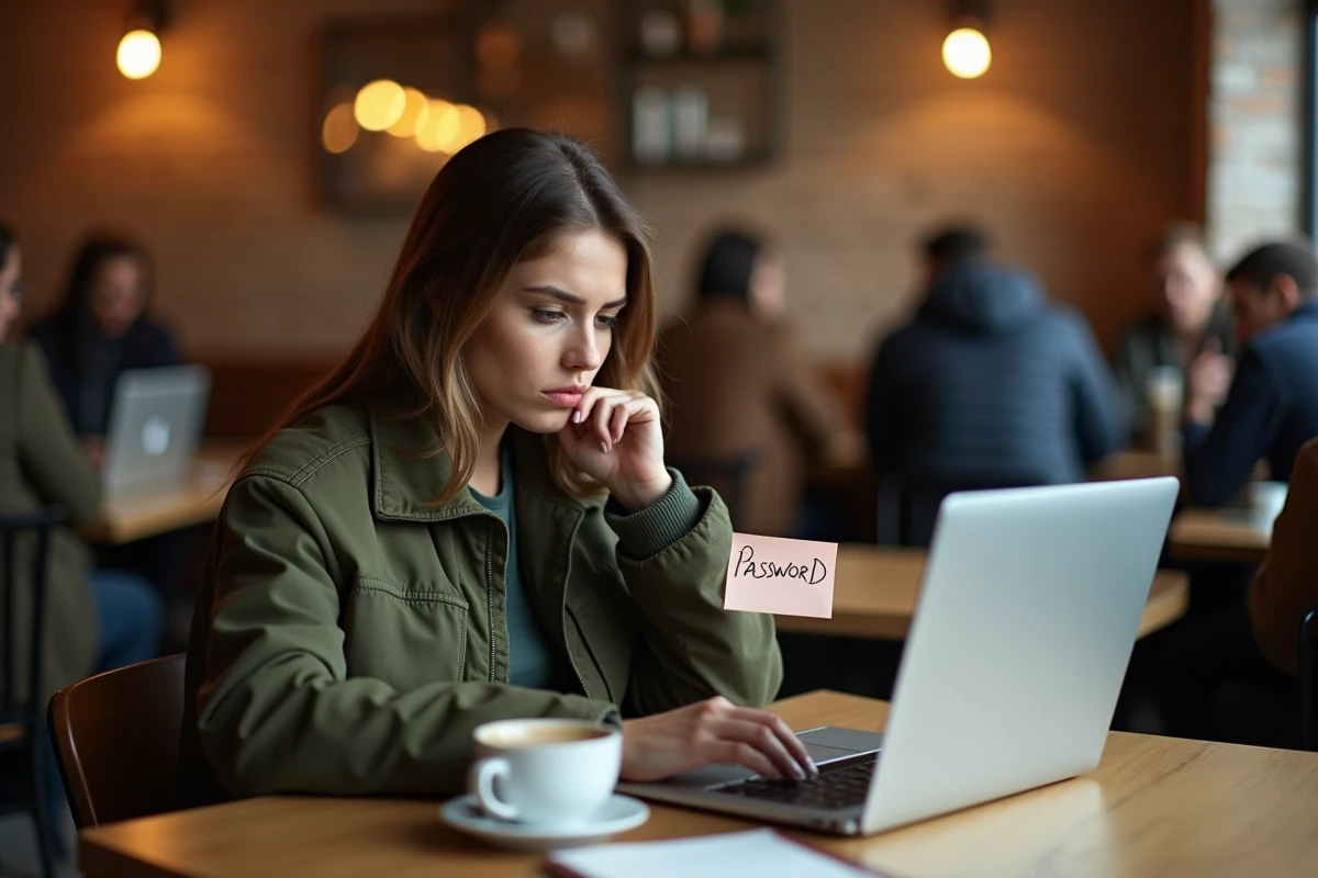 Femme dans un café prenant conscience des risques liés à la gestion de ses mots de passe et à la protection de ses données