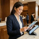 Professionnelle du tourisme en blazer marine accueillant des clients à la réception d'un hôtel de luxe