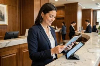 Professionnelle du tourisme en blazer marine accueillant des clients à la réception d'un hôtel de luxe