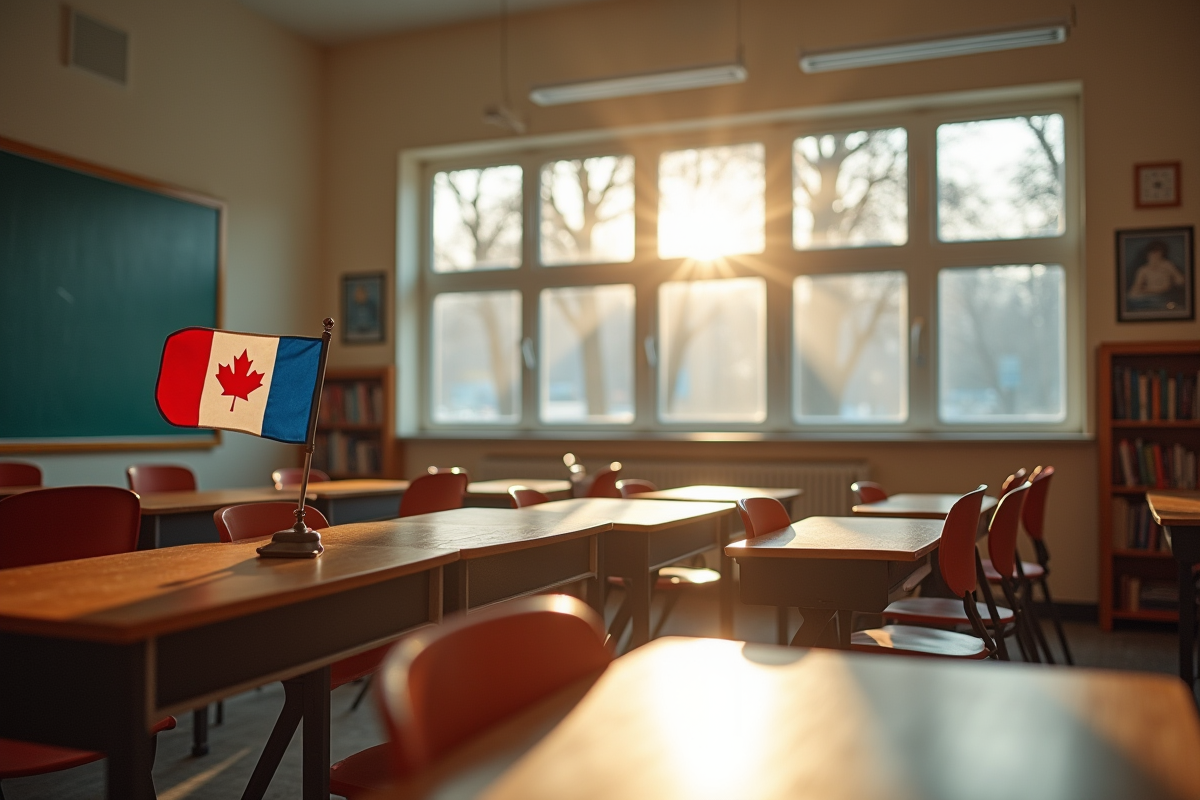 Salle de classe vide avec drapeau du Quebec et lumière naturelle