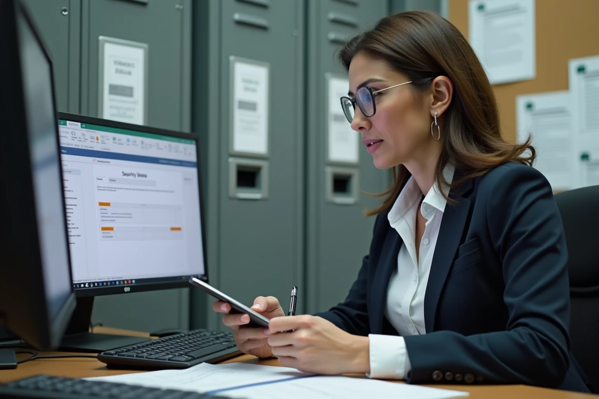 Secretaire vérifiant un planning dans un bureau administratif universitaire