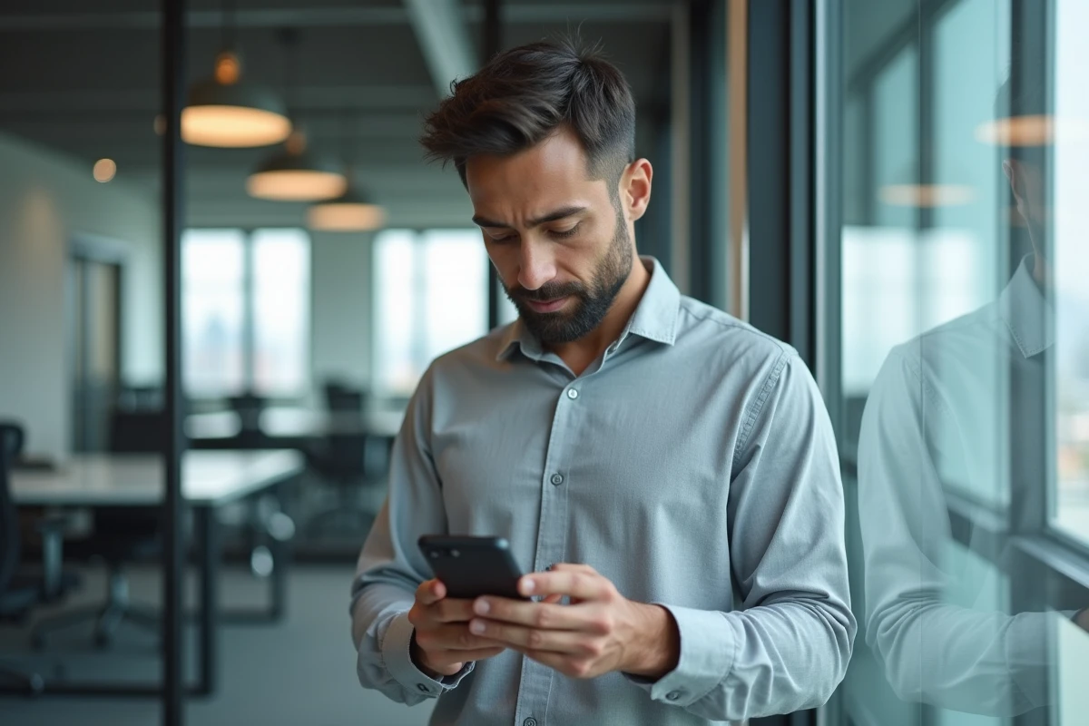 Homme consultant son smartphone pour vérifier la sécurité de ses données personnelles dans un bureau professionnel