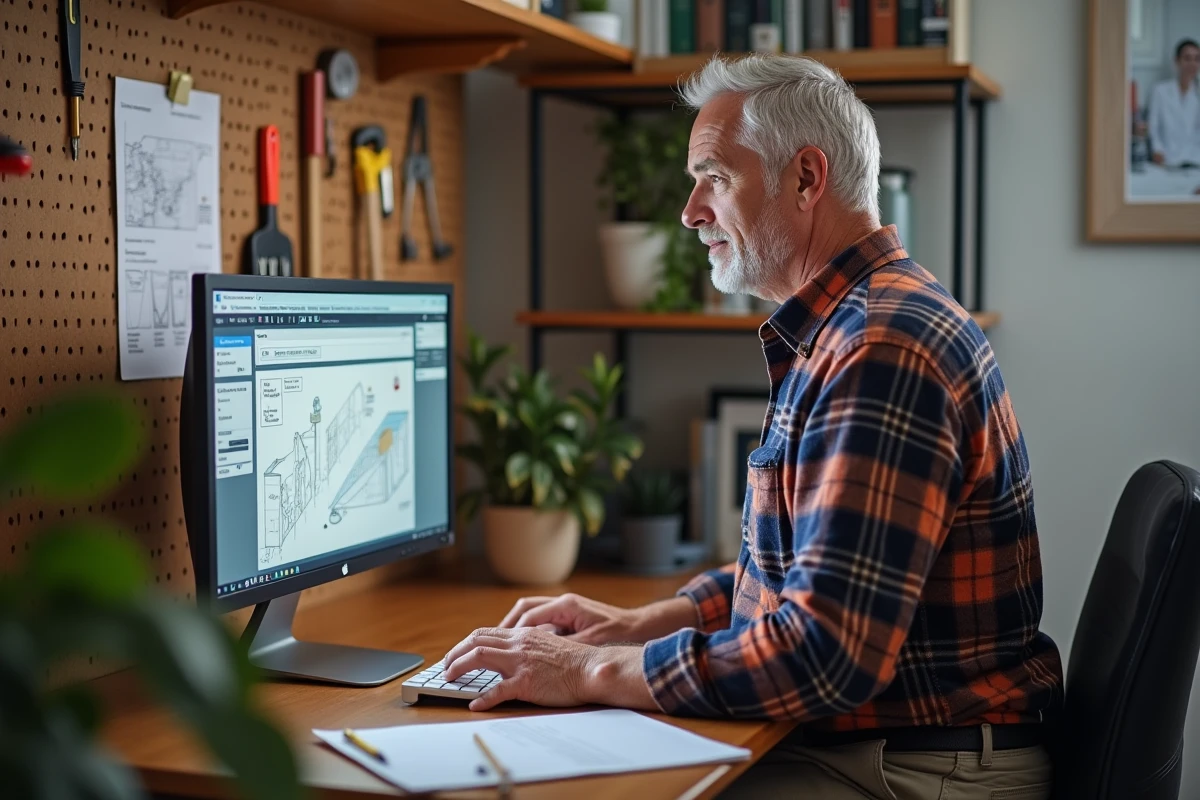 Homme senior regardant un tutoriel vidéo de bricolage carrelage sur un ordinateur de bureau dans un bureau à domicile