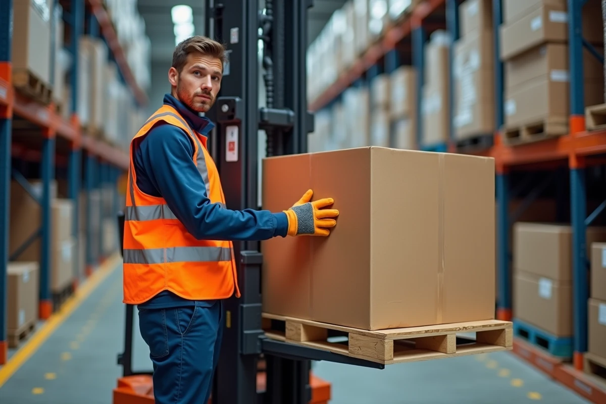 Stagiaire en formation CACES 3 manipulant un chariot élévateur à mât rétractable pour insérer les fourches sous une palette dans un entrepôt logistique