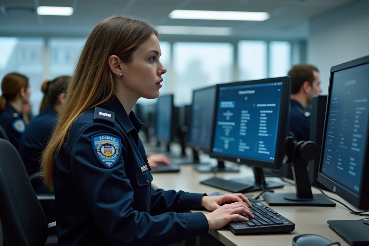 Stagiaire de police féminine utilisant la plateforme ECampus Police dans un centre de formation avec des collègues en arrière-plan