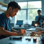 Jeune technicien en électronique travaillant sur un circuit imprimé lumineux