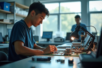 Jeune technicien en électronique travaillant sur un circuit imprimé lumineux