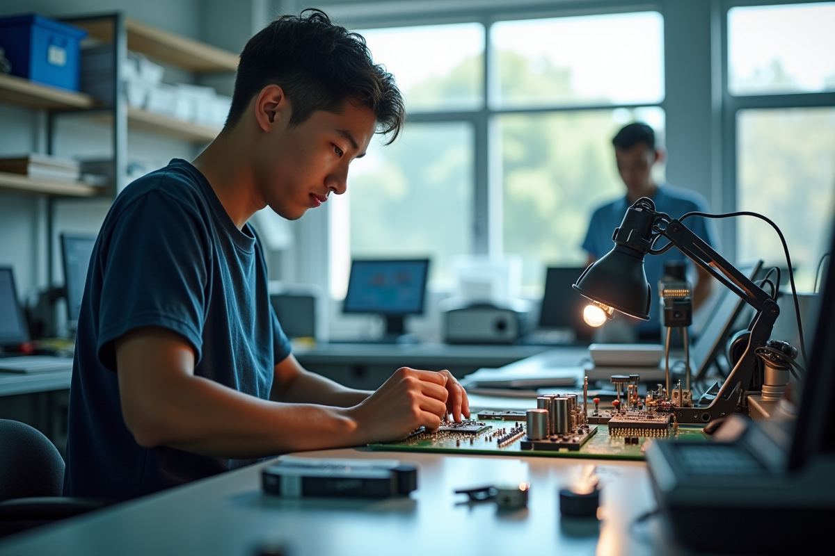 Jeune technicien en électronique travaillant sur un circuit imprimé lumineux