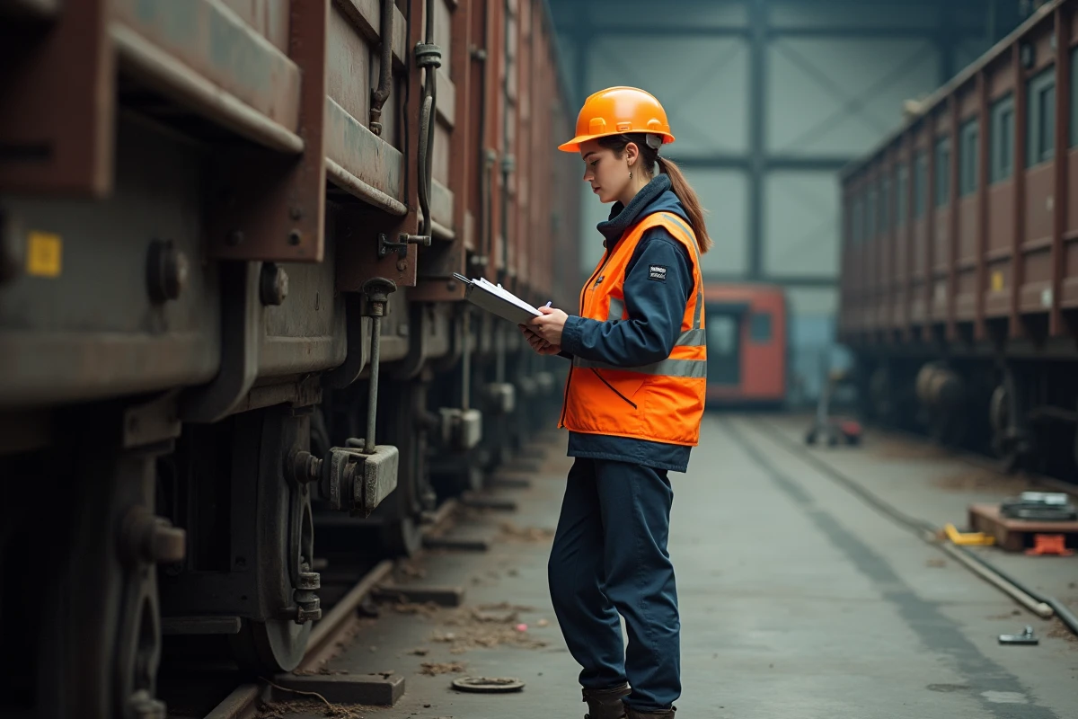 Technicienne écrivant sur un wagon de fret en intérieur