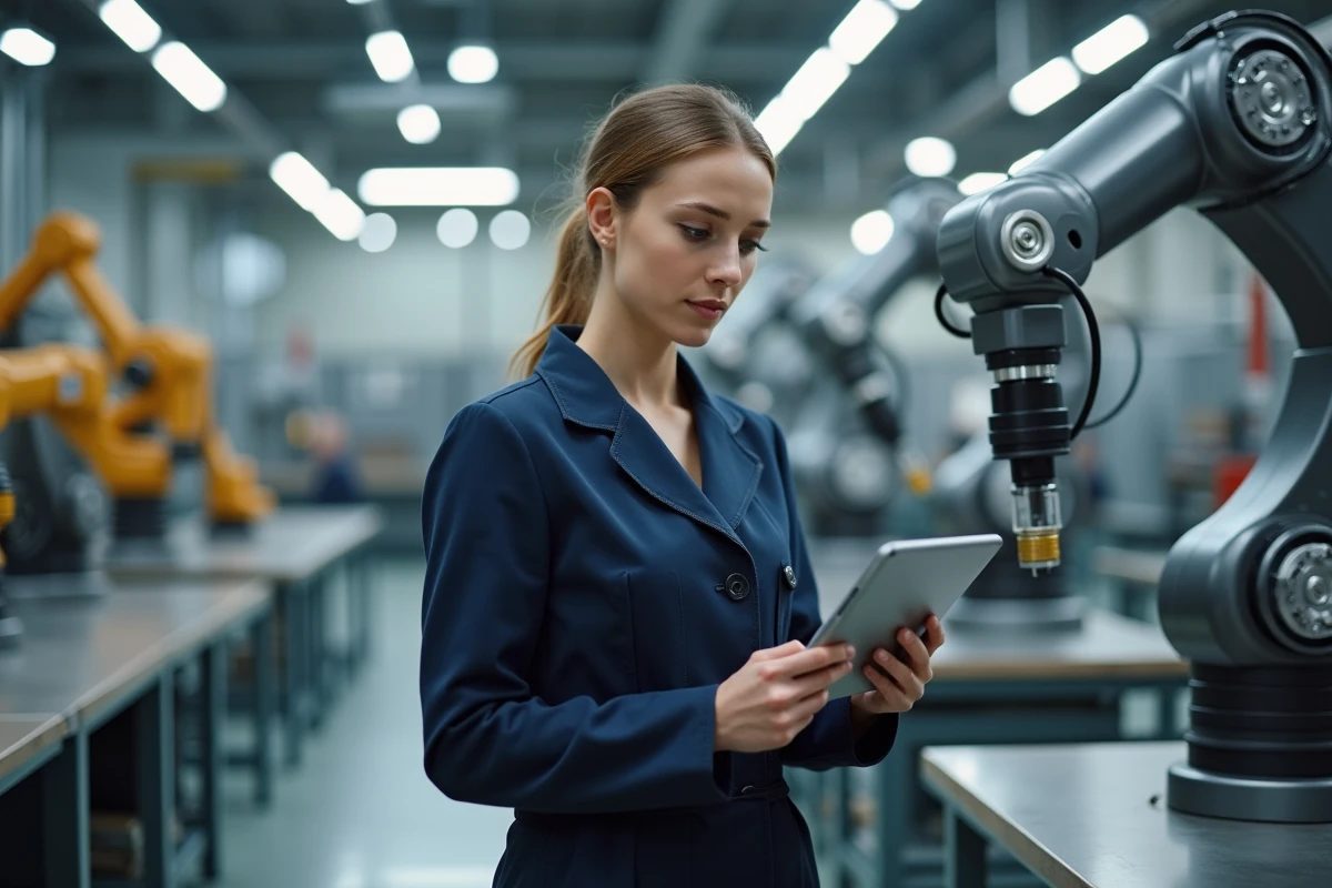 Technicienne inspectant un bras robotique dans un laboratoire high-tech