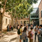 Vue panoramique d'une cour de lycée animée en Occitanie avec des élèves et une architecture méditerranéenne