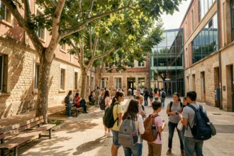 Vue panoramique d'une cour de lycée animée en Occitanie avec des élèves et une architecture méditerranéenne