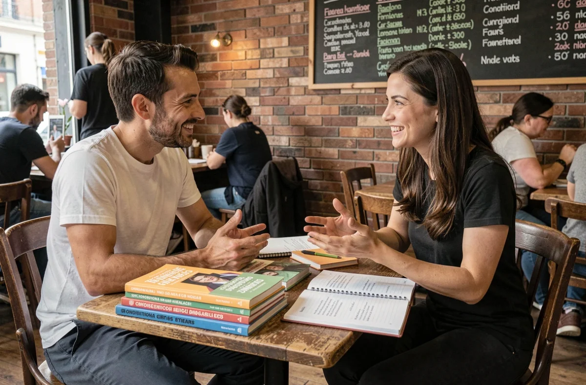 Homme adulte en session de tutorat espagnol dans un café avec une professeure, apprentissage du conditionnel présent