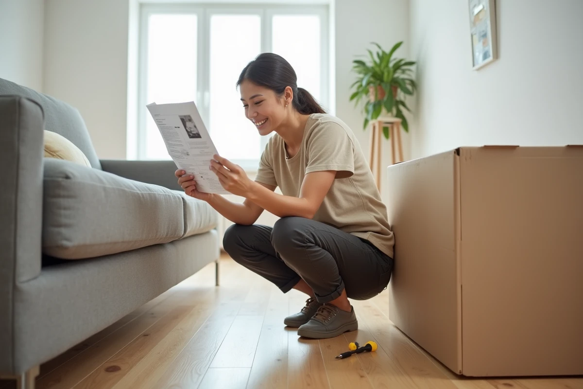 Femme assemblant des meubles en suivant un tutoriel bricolage imprimé dans un appartement moderne