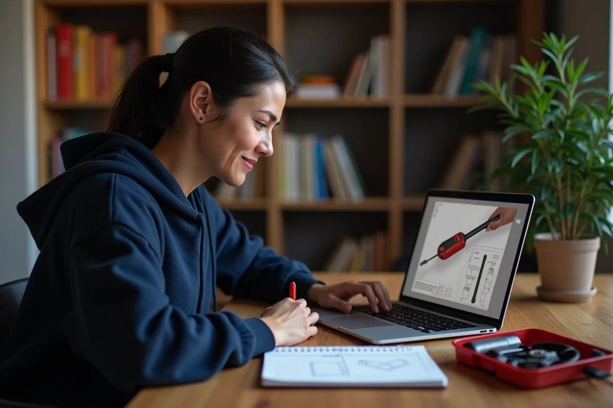 Femme suivant un tutoriel de bricolage en ligne sur ordinateur portable avec prise de notes, comparaison apprentissage DIY numérique
