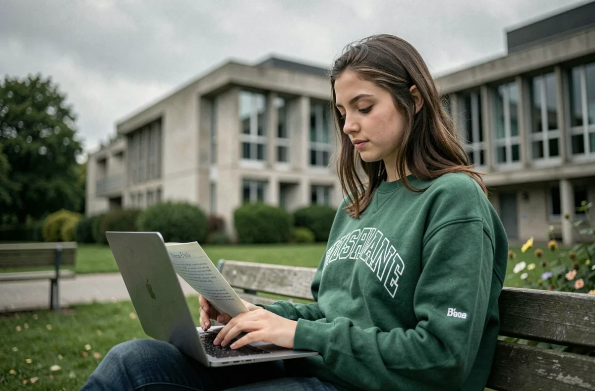 Étudiante de l'Université Polytechnique Hauts-de-France révisant sur un campus extérieur par temps nuageux