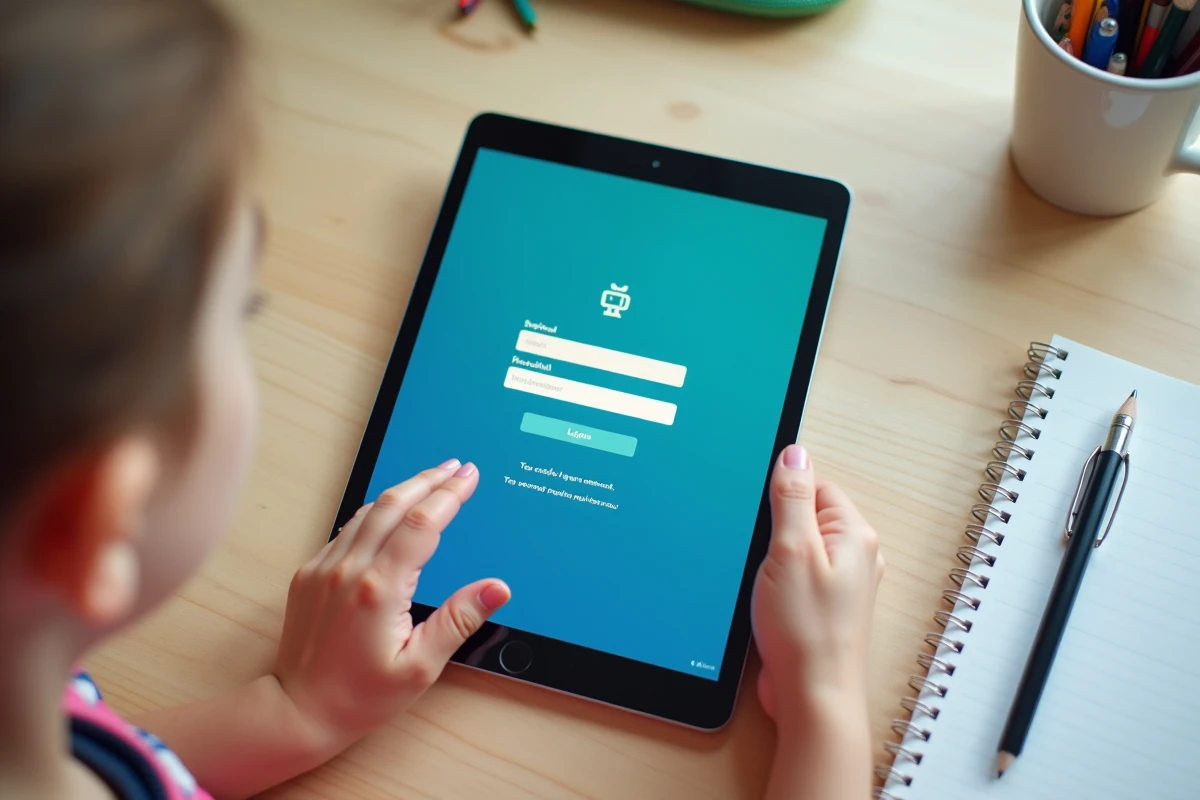 Vue en plongée des mains d'un enfant configurant l'accès ENT sur une tablette posée sur un bureau scolaire