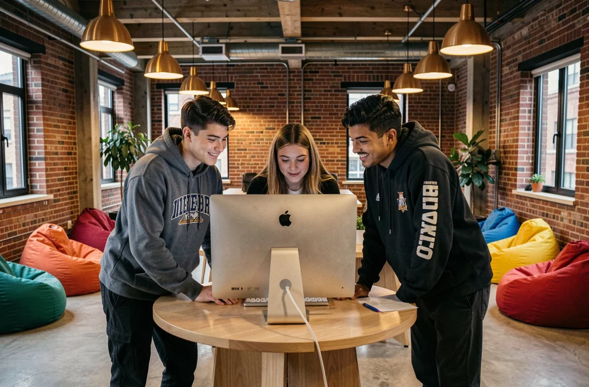 Équipe étudiante d'Ynov Campus Lille travaillant ensemble sur un iMac dans un espace coworking créatif